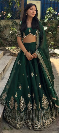 Green color Ready to Wear Lehenga in Silk fabric with Embroidered, Sequence, Thread work