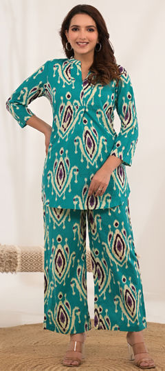 Blue, White and Off White color Co-ords Set in Cotton fabric with Printed work