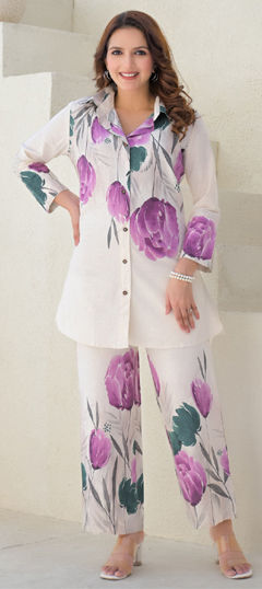 Purple and Violet, White and Off White color Co-ords Set in Cotton Flex fabric with Floral, Printed work