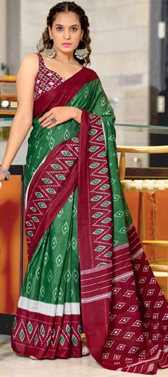 Green color Saree in Cotton fabric with Printed work