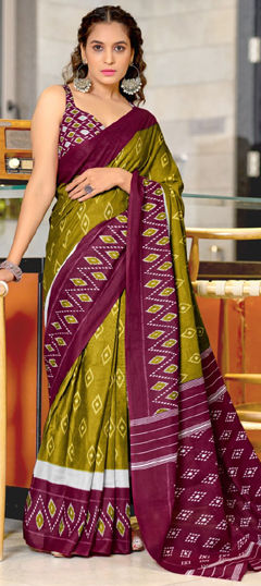 Green color Saree in Cotton fabric with Printed work
