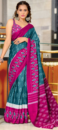 Blue color Saree in Cotton fabric with Printed work