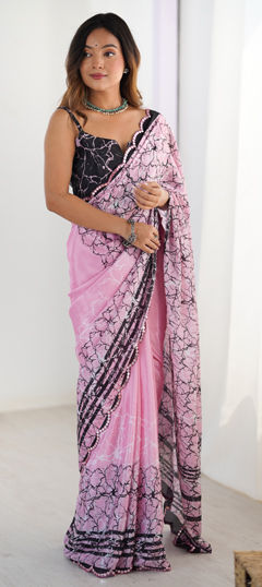 Pink and Majenta color Saree in Chinon Silk fabric with Digital Print, Lace, Mirror work