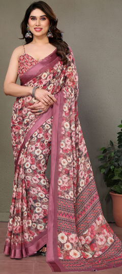 Pink and Majenta color Saree in Satin Silk fabric with Digital Print, Floral work