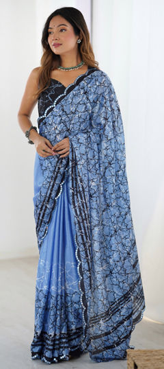 Blue color Saree in Chinon Silk fabric with Digital Print, Lace, Mirror work