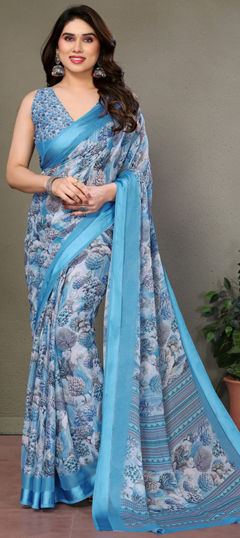 Blue color Saree in Satin Silk fabric with Digital Print, Floral work