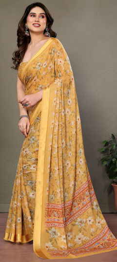 Yellow color Saree in Satin Silk fabric with Digital Print, Floral work