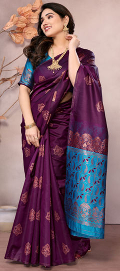 Purple and Violet color Saree in Art Silk fabric with Weaving work