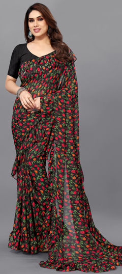Black and Grey color Saree in Georgette fabric with Floral, Printed work