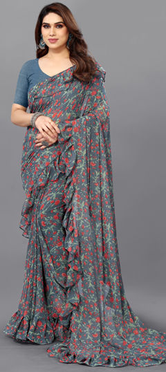 Green color Saree in Georgette fabric with Floral, Printed work