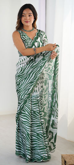 Green color Saree in Chinon Silk fabric with Digital Print, Lace, Mirror work