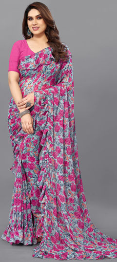 Black and Grey color Saree in Georgette fabric with Floral, Printed work