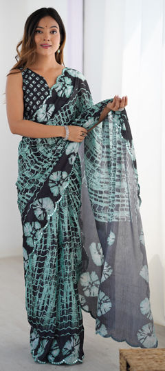 Black and Grey color Saree in Chinon Silk fabric with Digital Print, Lace, Mirror work