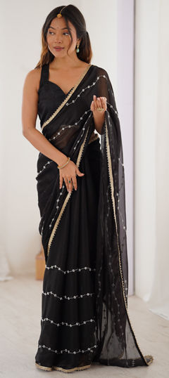 Black and Grey color Saree in Chiffon fabric with Bugle Beads, Lace, Sequence work