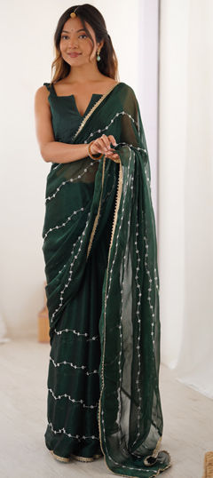 Green color Saree in Chiffon fabric with Bugle Beads, Lace, Sequence work