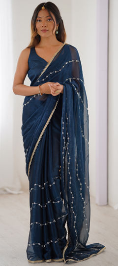 Blue color Saree in Chiffon fabric with Bugle Beads, Lace, Sequence work