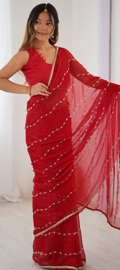 Red and Maroon color Saree in Chiffon fabric with Bugle Beads, Lace, Sequence work