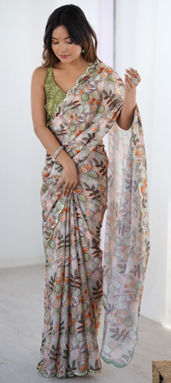 White and Off White color Saree in Chinon Silk fabric with Digital Print, Lace work