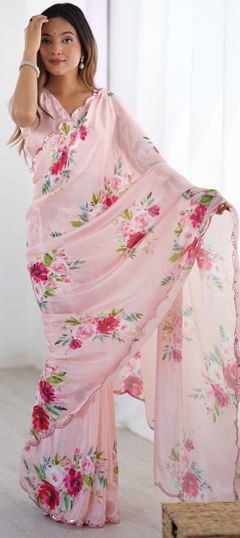 Pink and Majenta color Saree in Chinon Silk fabric with Digital Print, Lace, Mirror work