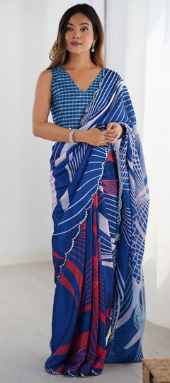 Blue color Saree in Chinon Silk fabric with Digital Print, Lace work