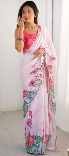 White and Off White color Saree in Chinon Silk fabric with Digital Print, Lace, Mirror work