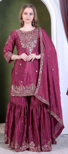 Pink and Majenta color Salwar Kameez in Faux Georgette fabric with Embroidered, Sequence, Thread, Zari work