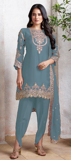 Blue color Salwar Kameez in Faux Georgette fabric with Embroidered, Sequence, Thread work