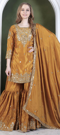 Yellow color Salwar Kameez in Faux Georgette fabric with Embroidered, Sequence, Thread, Zari work