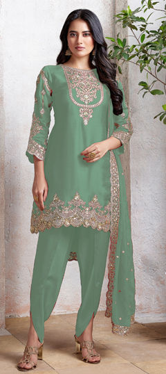 Green color Salwar Kameez in Faux Georgette fabric with Embroidered, Sequence, Thread work
