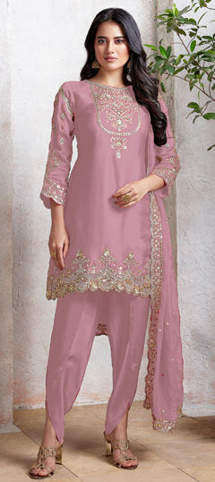 Pink and Majenta color Salwar Kameez in Georgette fabric with Embroidered, Sequence, Thread work