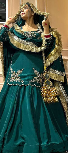 Green color Long Lehenga Choli in Crepe Silk fabric with Embroidered, Thread, Zari work