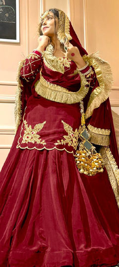 Red and Maroon color Long Lehenga Choli in Crepe Silk fabric with Embroidered, Thread, Zari work