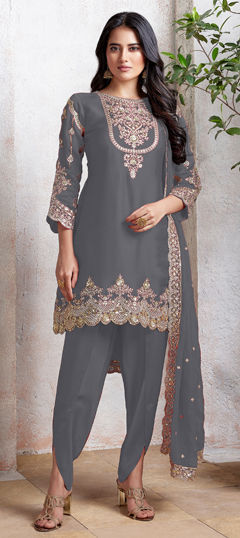 Black and Grey color Salwar Kameez in Faux Georgette fabric with Embroidered, Sequence, Thread work