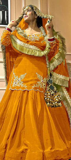 Yellow color Long Lehenga Choli in Crepe Silk fabric with Embroidered, Thread, Zari work