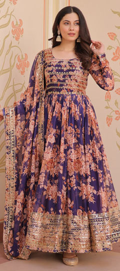 Purple and Violet color Gown in Georgette, Silk fabric with Floral, Printed, Sequence work
