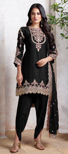 Black and Grey color Salwar Kameez in Faux Georgette fabric with Embroidered, Sequence, Thread work