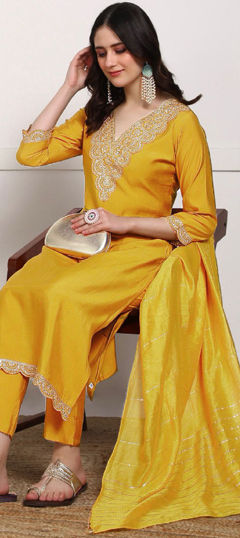 Yellow color Salwar Kameez in Rayon fabric with Embroidered, Sequence, Thread work