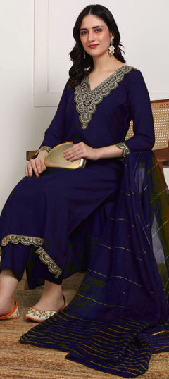 Blue color Salwar Kameez in Rayon fabric with Embroidered, Sequence, Thread work