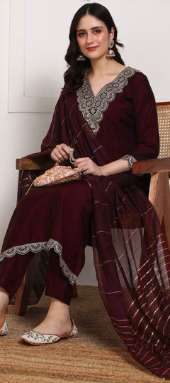 Red and Maroon color Salwar Kameez in Rayon fabric with Embroidered, Sequence, Thread work