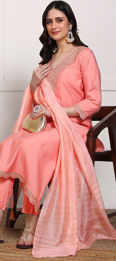 Pink and Majenta color Salwar Kameez in Rayon fabric with Embroidered, Sequence, Thread work