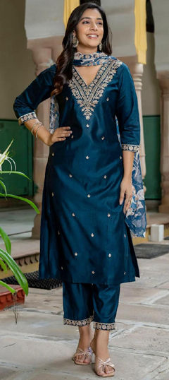 Blue color Salwar Kameez in Rayon fabric with Embroidered, Sequence, Thread work
