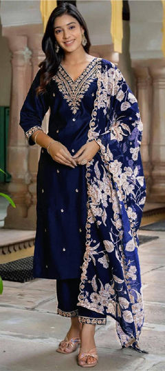 Blue color Salwar Kameez in Rayon fabric with Embroidered, Sequence, Thread work