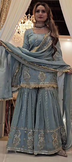 Black and Grey color Salwar Kameez in Chinon Silk fabric with Embroidered, Sequence, Thread, Zari work