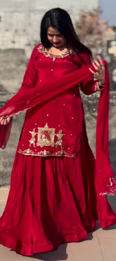 Red and Maroon color Salwar Kameez in Crepe Silk fabric with Embroidered, Sequence, Thread, Zari work