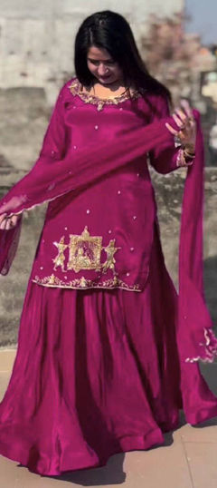Pink and Majenta color Salwar Kameez in Crepe Silk fabric with Embroidered, Sequence, Thread, Zari work