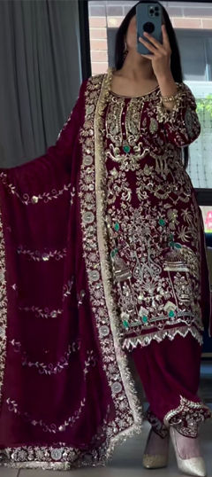 Red and Maroon color Salwar Kameez in Crepe Silk fabric with Embroidered, Sequence, Thread, Zari work