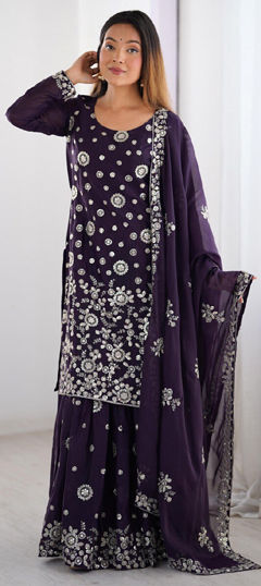 Blue color Salwar Kameez in Georgette fabric with Embroidered, Sequence, Thread work