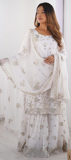 White and Off White color Salwar Kameez in Georgette fabric with Embroidered, Sequence, Thread work