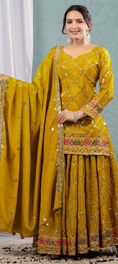 Yellow color Salwar Kameez in Chinon Silk fabric with Embroidered, Sequence, Thread work