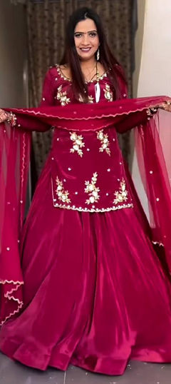 Red and Maroon color Salwar Kameez in Crepe Silk fabric with Embroidered, Sequence, Thread work